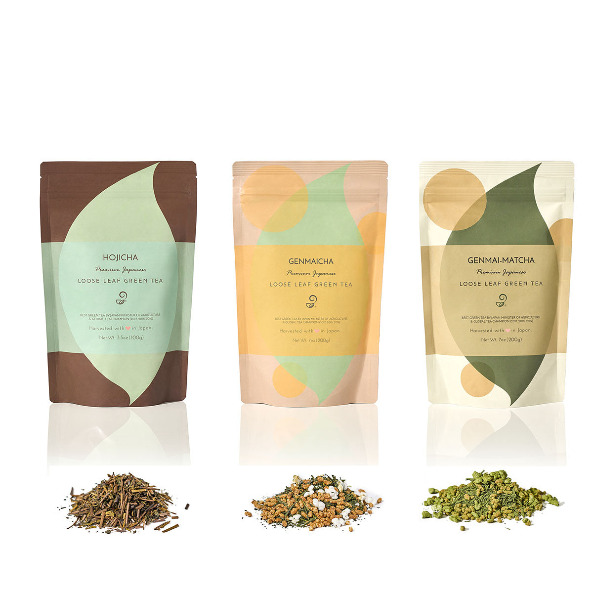 Hojicha (Roasted Green Tea), Genmaicha (Green Tea with Brown Rice) and Genmai Matcha (Matcha with Roasted brown rice) Japanese Premium Tea Set