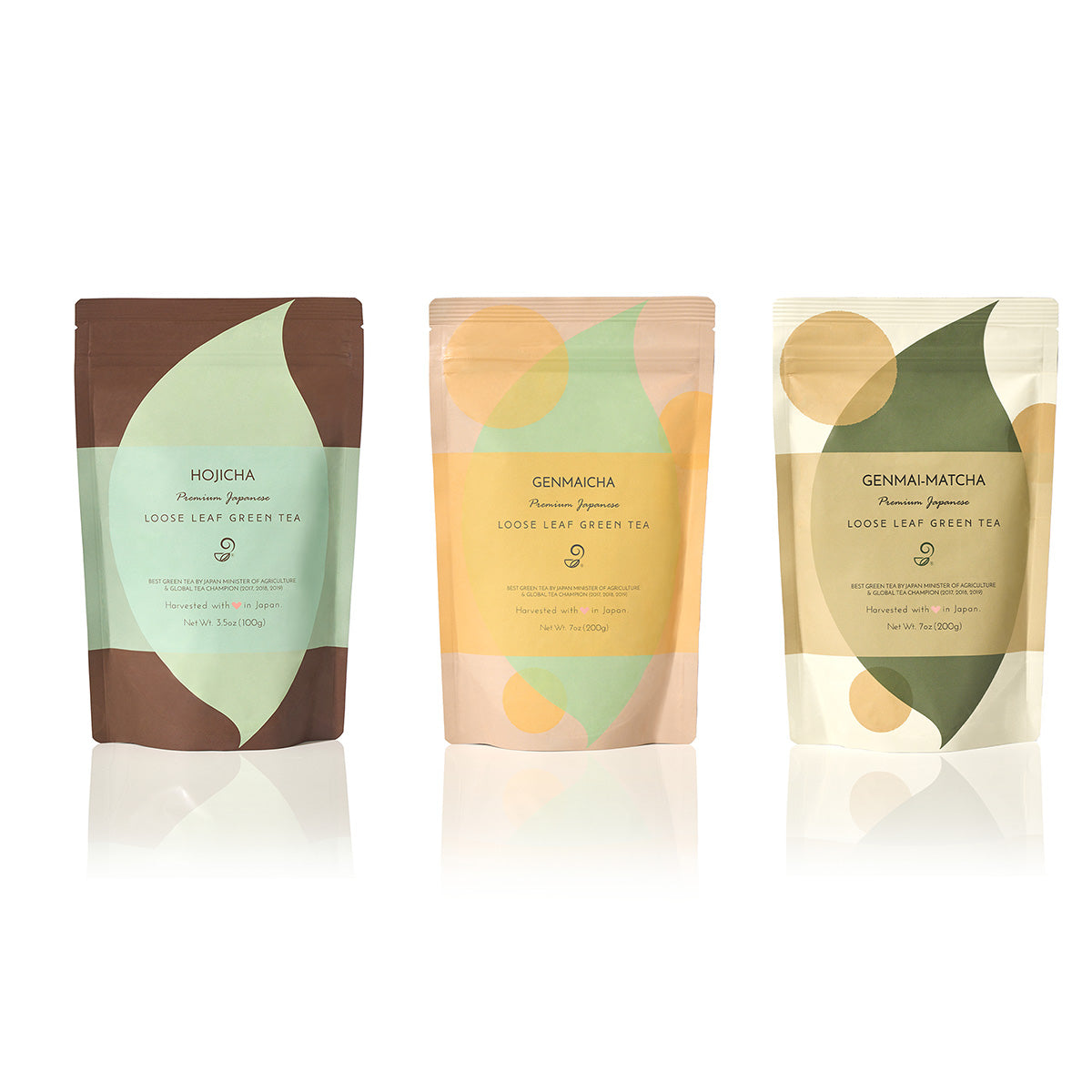 Hojicha (Roasted Green Tea), Genmaicha (Green Tea with Brown Rice) and Genmai Matcha (Matcha with Roasted brown rice) Japanese Premium Tea Set